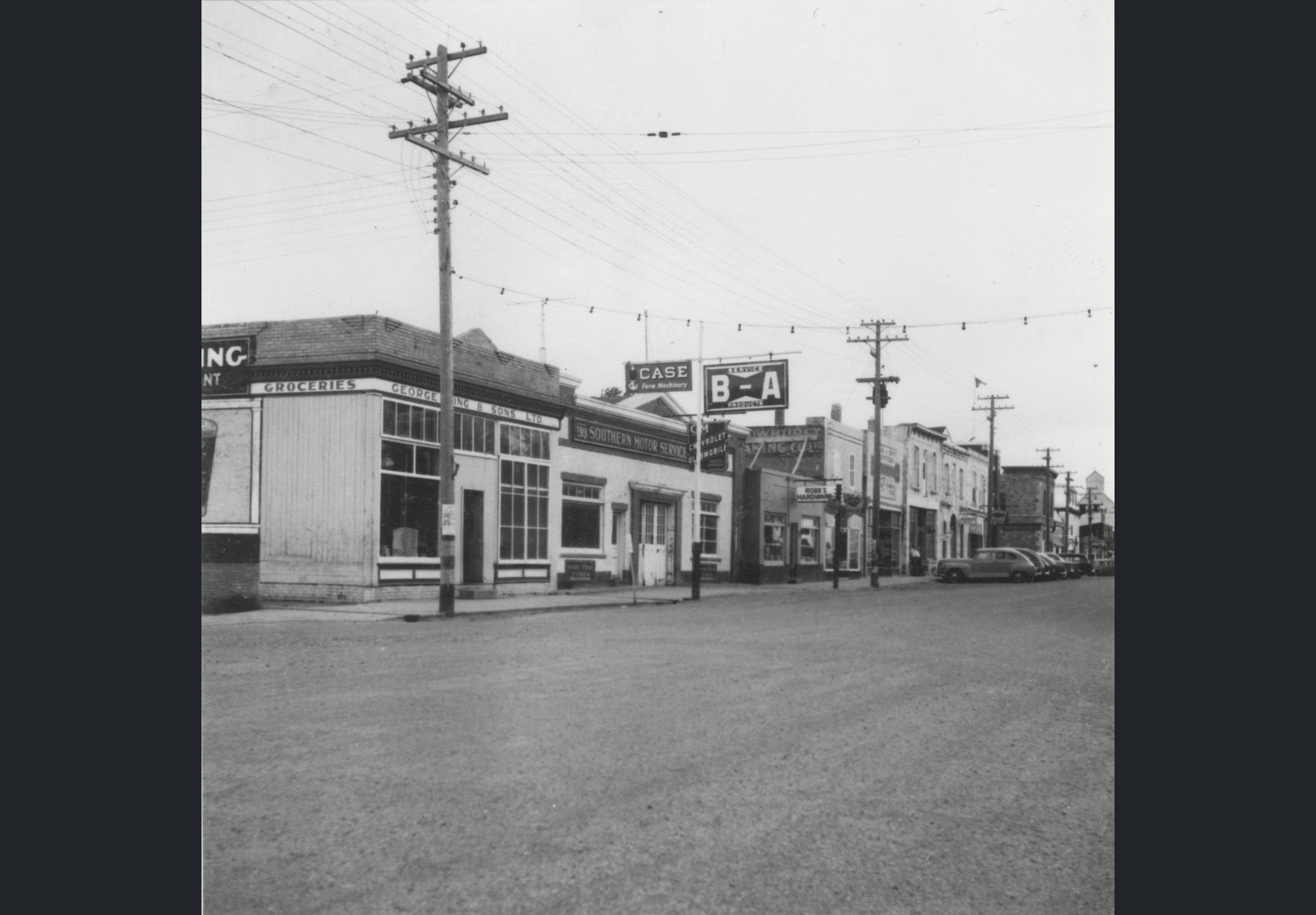 [Scanned photo of South Railway looking west from the Broadway intersection, circa 1950s]